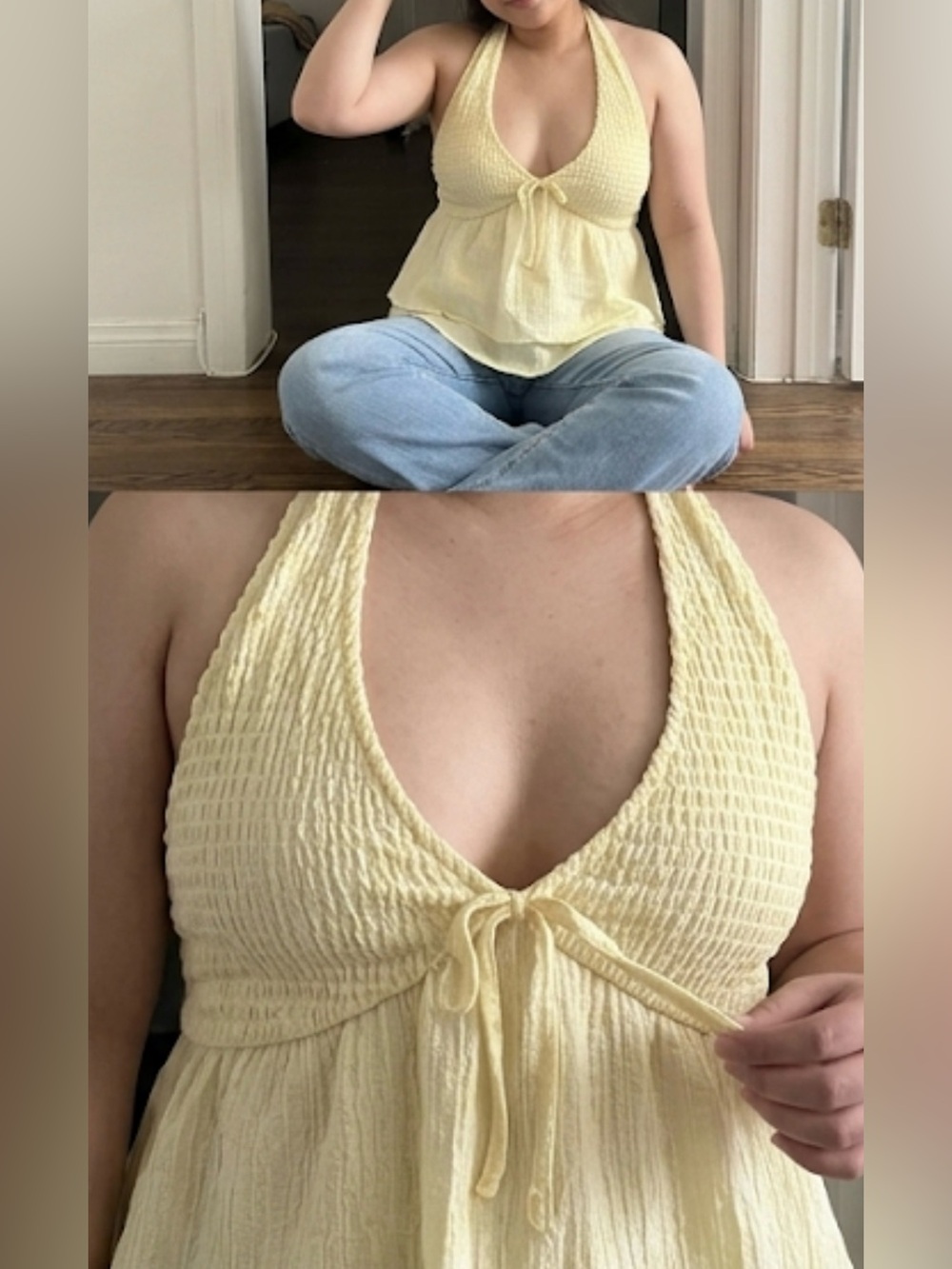 Butter yellow  Smocked Halter Tie-Back Ruffled Tank Top